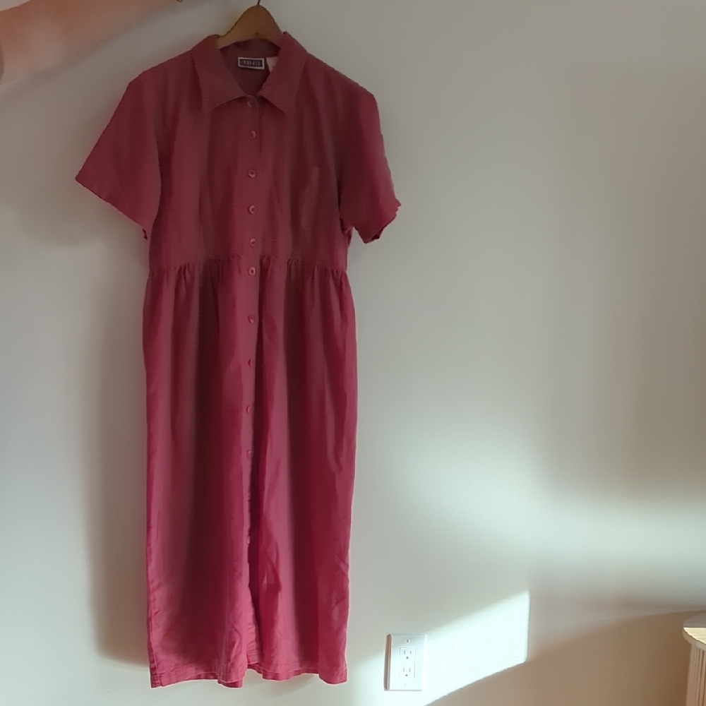 Pink Linen-Cotton Dress Collared Maxi Dress Tie @ Back Vintage Natural Fiber